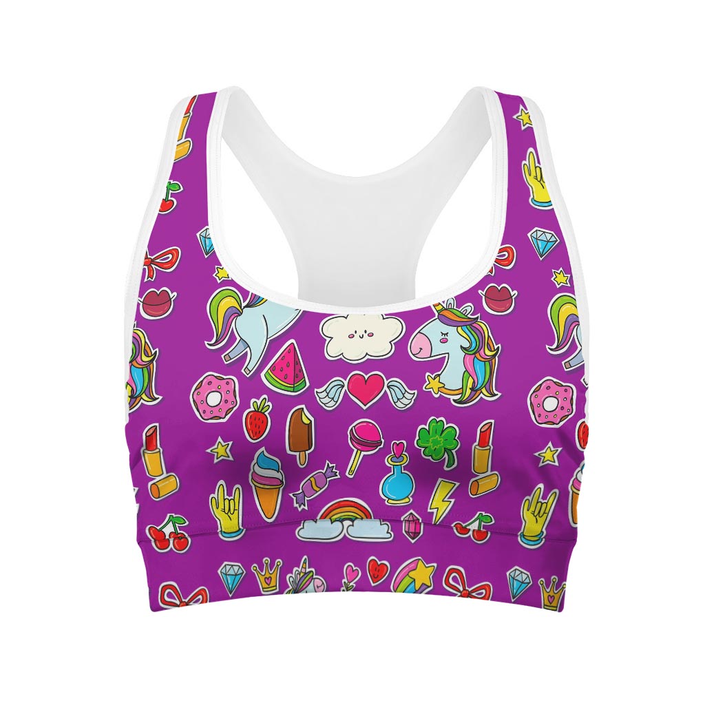 Purple Girly Unicorn Pattern Print Women's Sports Bra