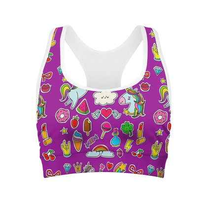 Purple Girly Unicorn Pattern Print Women's Sports Bra