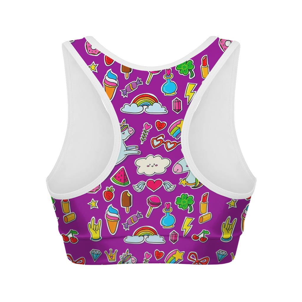 Purple Girly Unicorn Pattern Print Women's Sports Bra