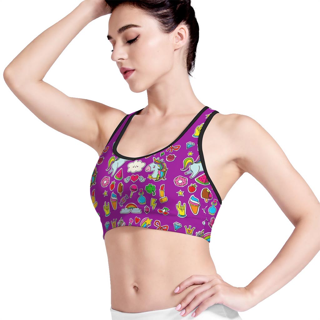 Purple Girly Unicorn Pattern Print Women's Sports Bra