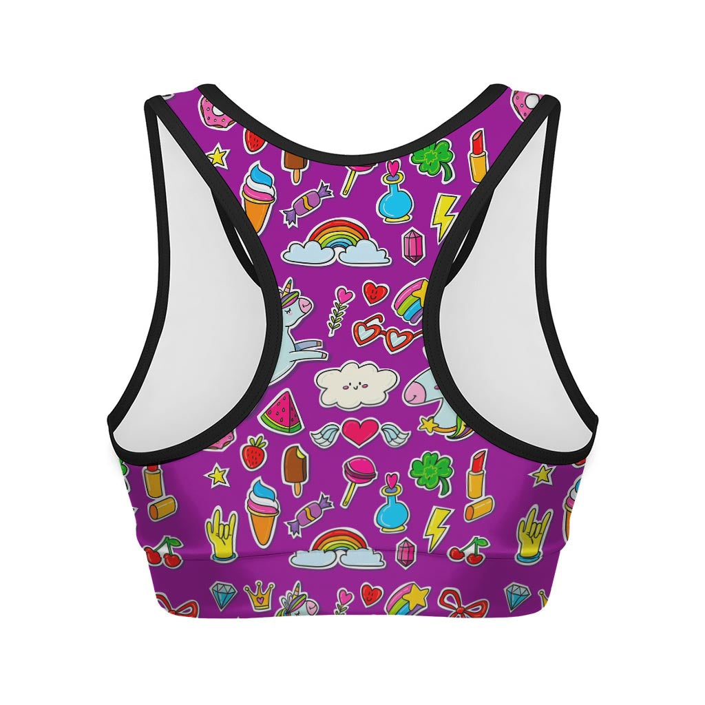 Purple Girly Unicorn Pattern Print Women's Sports Bra