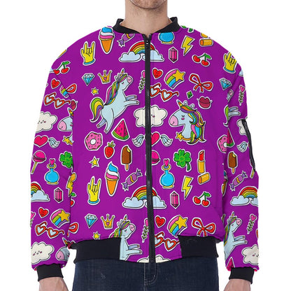 Purple Girly Unicorn Pattern Print Zip Sleeve Bomber Jacket
