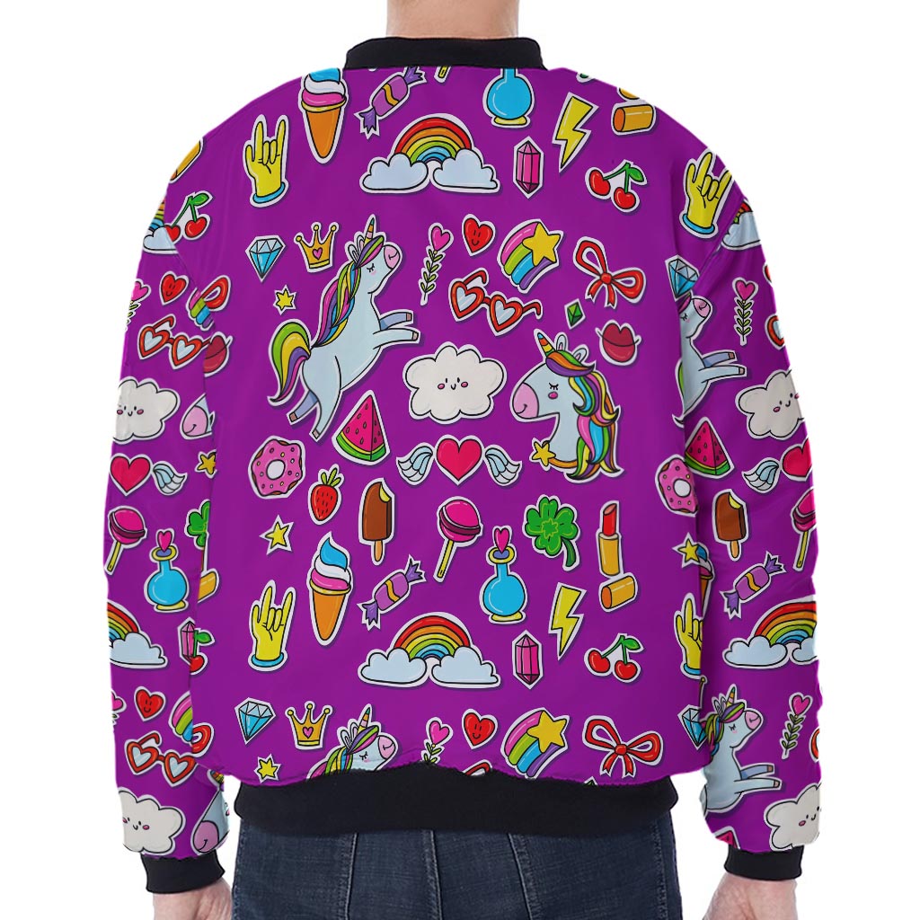 Purple Girly Unicorn Pattern Print Zip Sleeve Bomber Jacket