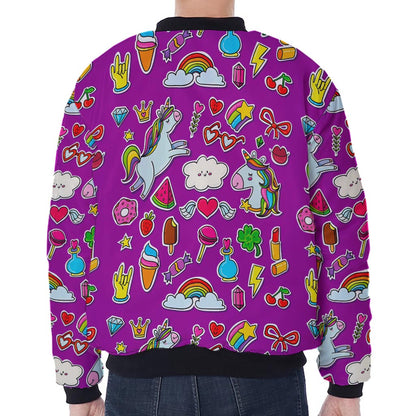Purple Girly Unicorn Pattern Print Zip Sleeve Bomber Jacket