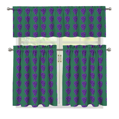 Purple Grape Pattern Print 3 Piece Kitchen Curtains