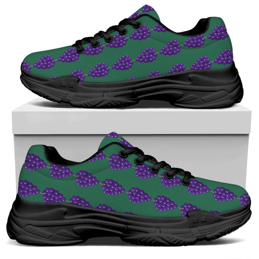 Purple Grape Pattern Print Black Chunky Shoes