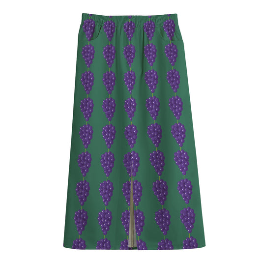 Purple Grape Pattern Print Cotton Front Slit Maxi Skirt