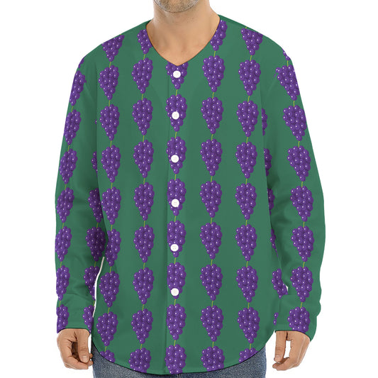 Purple Grape Pattern Print Long Sleeve Baseball Jersey