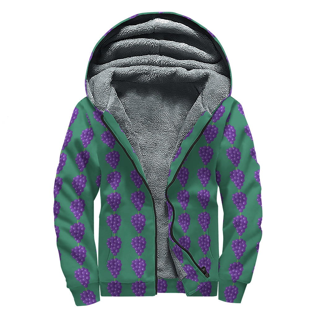 Purple Grape Pattern Print Sherpa Lined Zip Up Hoodie