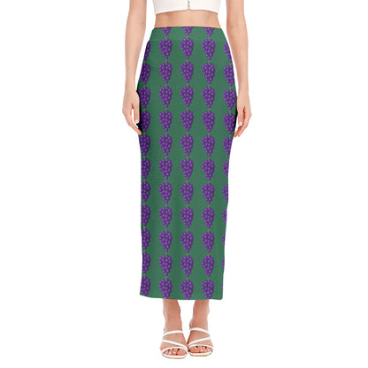 Purple Grape Pattern Print Side Slit Maxi Skirt