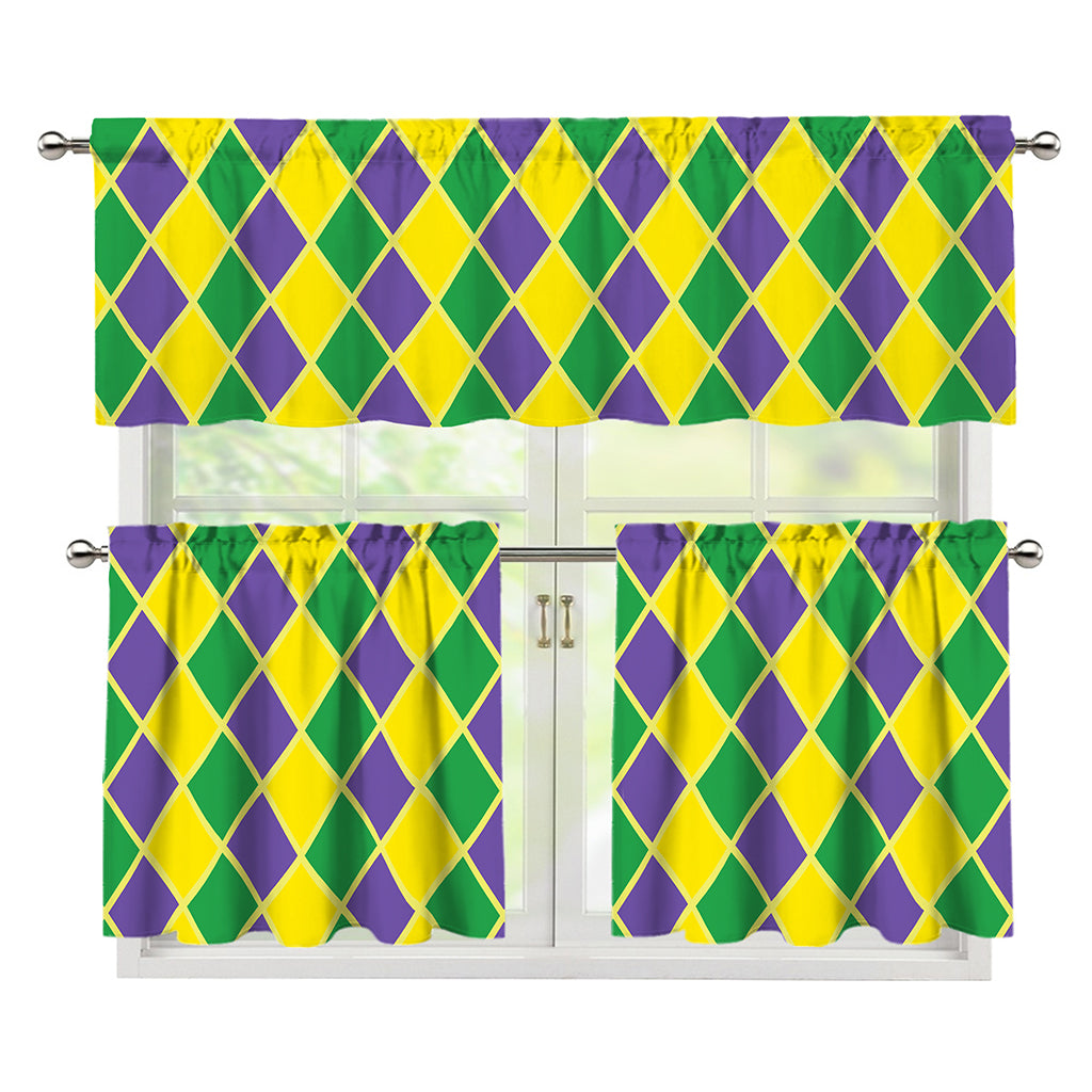 Purple Green And Yellow Mardi Gras Print 3 Piece Kitchen Curtains