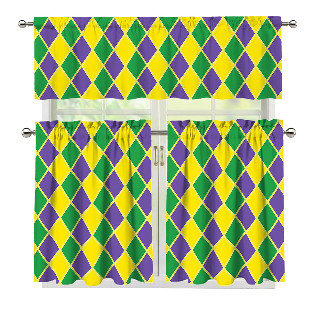 Purple Green And Yellow Mardi Gras Print 3 Piece Kitchen Curtains