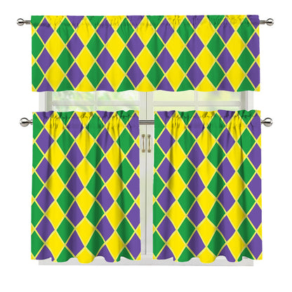 Purple Green And Yellow Mardi Gras Print 3 Piece Kitchen Curtains