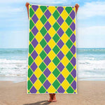 Purple Green And Yellow Mardi Gras Print Beach Towel