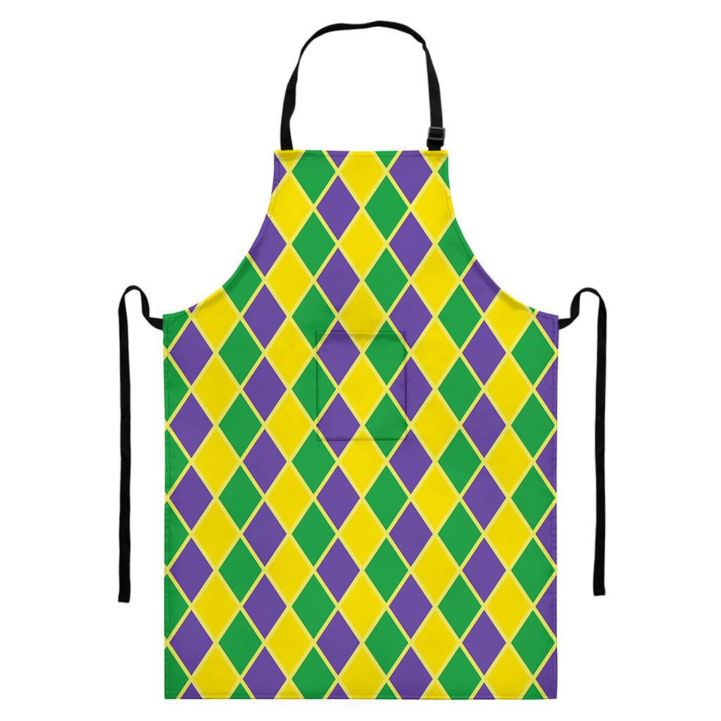 Purple Green And Yellow Mardi Gras Print Bib Apron With Pocket