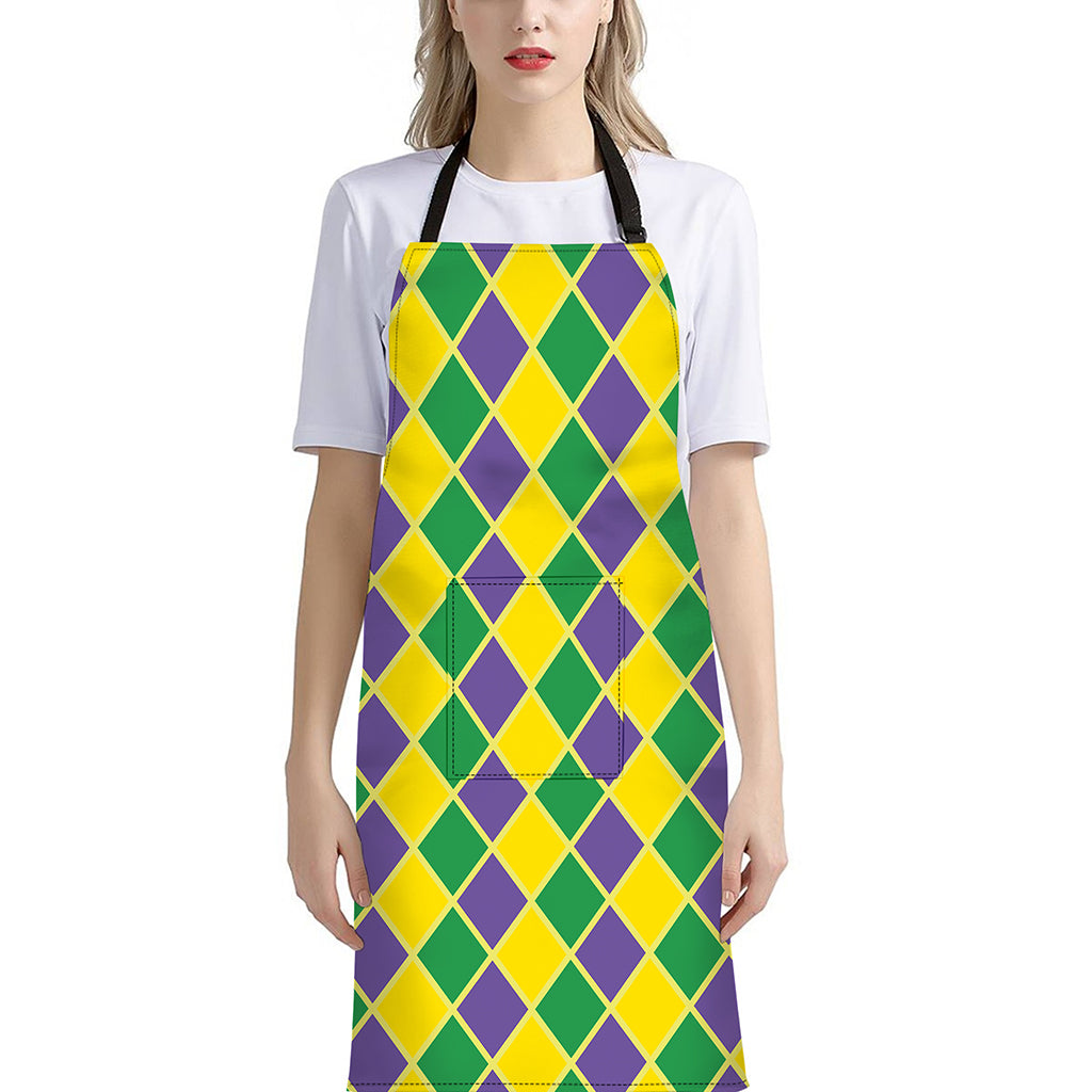 Purple Green And Yellow Mardi Gras Print Bib Apron With Pocket