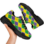 Purple Green And Yellow Mardi Gras Print Black Chunky Shoes