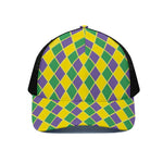Purple Green And Yellow Mardi Gras Print Black Mesh Trucker Cap