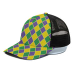 Purple Green And Yellow Mardi Gras Print Black Mesh Trucker Cap