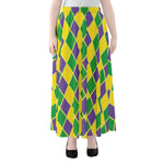 Purple Green And Yellow Mardi Gras Print Chiffon Maxi Skirt