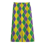 Purple Green And Yellow Mardi Gras Print Cotton Front Slit Maxi Skirt