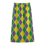 Purple Green And Yellow Mardi Gras Print Cotton Front Slit Maxi Skirt
