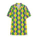Purple Green And Yellow Mardi Gras Print Cotton Hawaiian Shirt