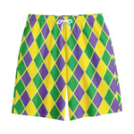 Purple Green And Yellow Mardi Gras Print Cotton Shorts