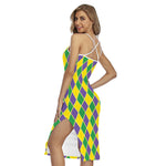 Purple Green And Yellow Mardi Gras Print Cross Back Cami Dress