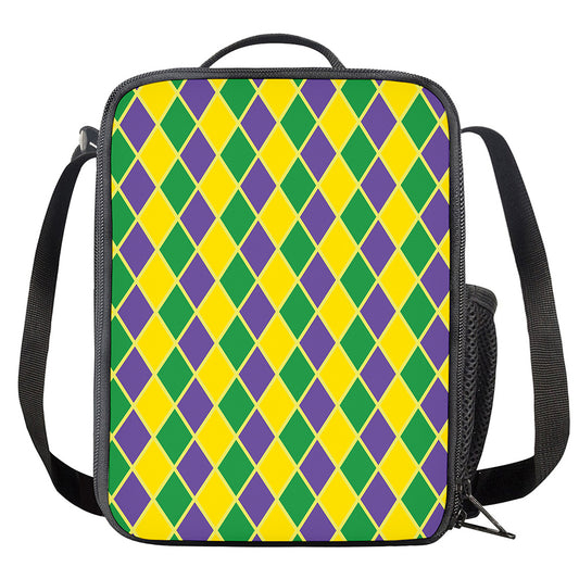 Purple Green And Yellow Mardi Gras Print Crossbody Lunch Bag