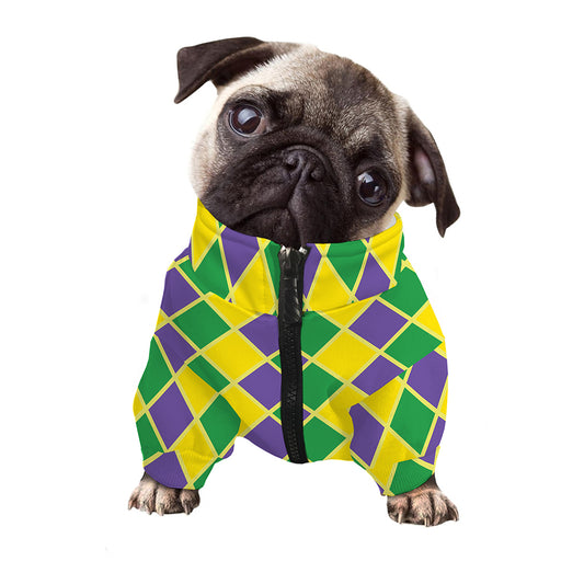 Purple Green And Yellow Mardi Gras Print Dog Zip Up Jacket