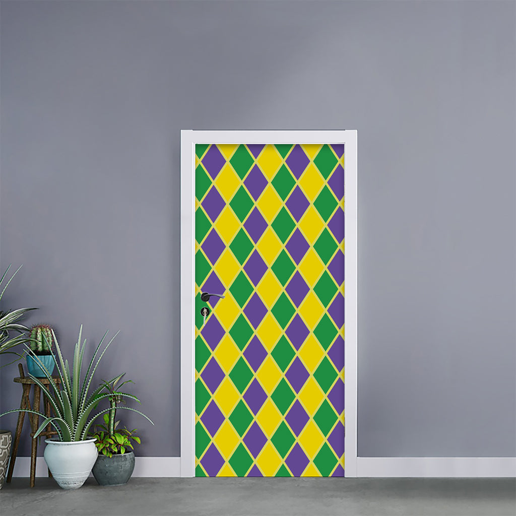 Purple Green And Yellow Mardi Gras Print Door Sticker