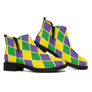 Purple Green And Yellow Mardi Gras Print Flat Ankle Boots