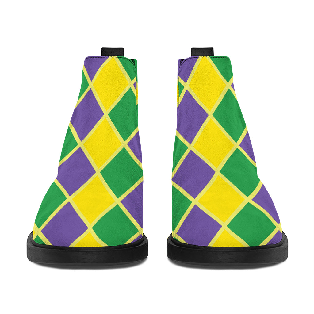 Purple Green And Yellow Mardi Gras Print Flat Ankle Boots