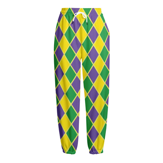 Purple Green And Yellow Mardi Gras Print Fleece Lined Knit Pants