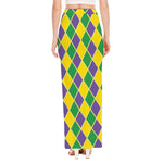 Purple Green And Yellow Mardi Gras Print High Slit Maxi Skirt