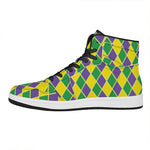 Purple Green And Yellow Mardi Gras Print High Top Leather Sneakers