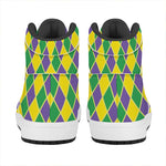 Purple Green And Yellow Mardi Gras Print High Top Leather Sneakers