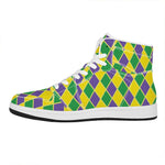 Purple Green And Yellow Mardi Gras Print High Top Leather Sneakers