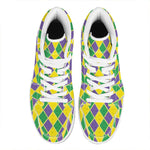 Purple Green And Yellow Mardi Gras Print High Top Leather Sneakers