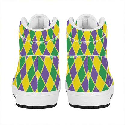 Purple Green And Yellow Mardi Gras Print High Top Leather Sneakers