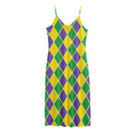 Purple Green And Yellow Mardi Gras Print Jersey Midi Cami Dress