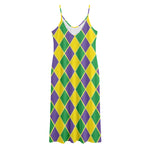 Purple Green And Yellow Mardi Gras Print Jersey Midi Cami Dress