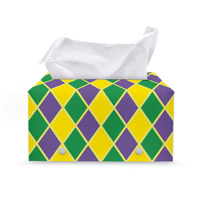 Purple Green And Yellow Mardi Gras Print Leather Tissue Box Cover