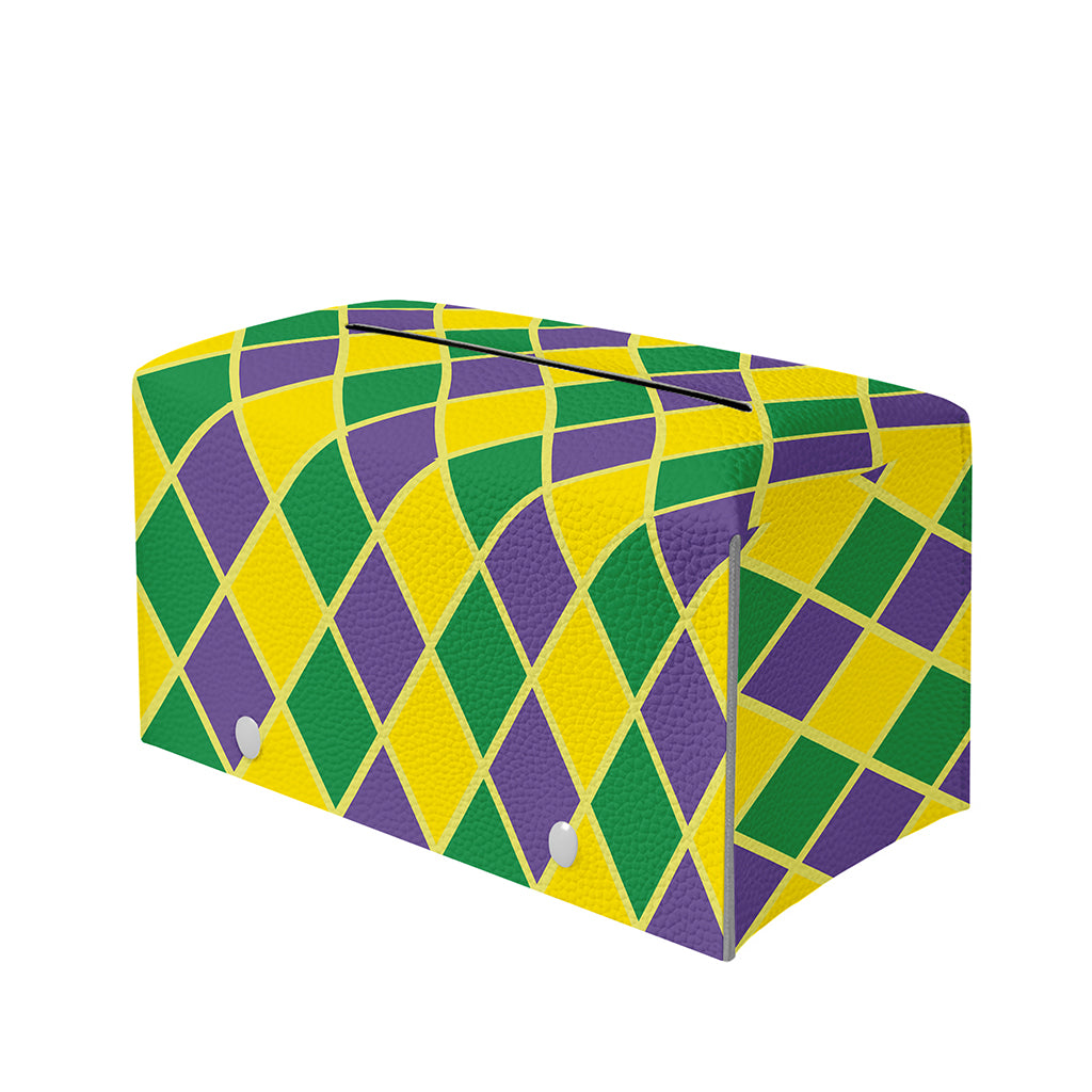 Purple Green And Yellow Mardi Gras Print Leather Tissue Box Cover