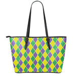 Purple Green And Yellow Mardi Gras Print Leather Tote Bag