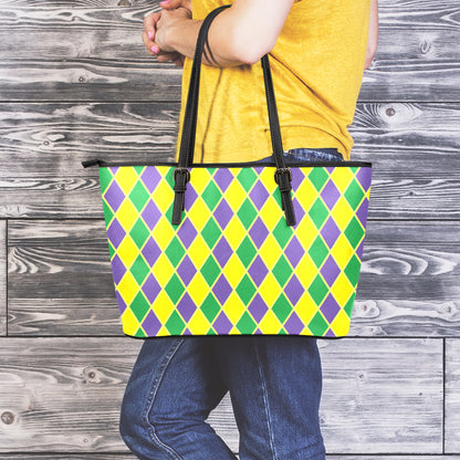 Purple Green And Yellow Mardi Gras Print Leather Tote Bag