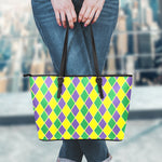 Purple Green And Yellow Mardi Gras Print Leather Tote Bag