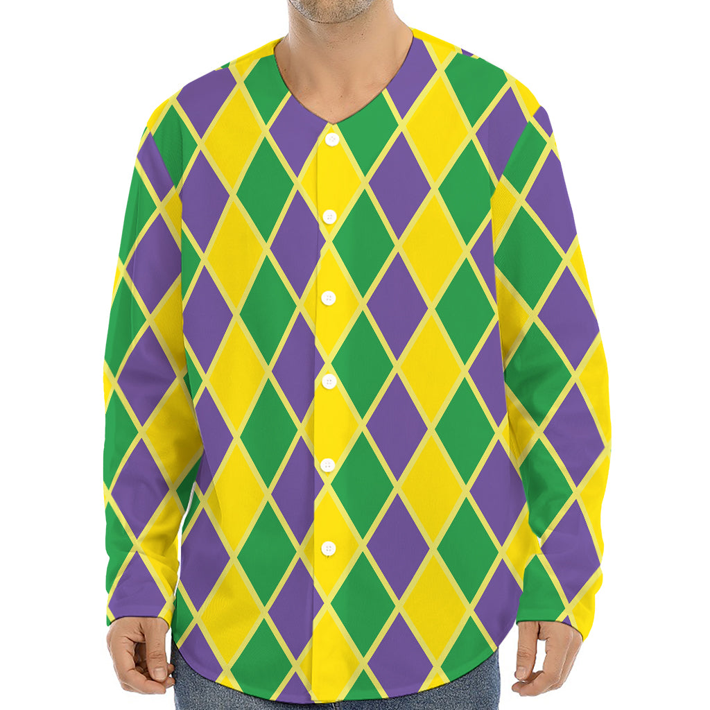 Purple Green And Yellow Mardi Gras Print Long Sleeve Baseball Jersey