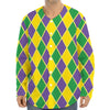 Purple Green And Yellow Mardi Gras Print Long Sleeve Baseball Jersey